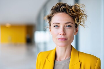 Confident female entrepreneur standing in modern office hallway. Bright yellow blazer and clear gaze reflect innovation and optimism, ideal for coaching, personal branding, or business leadership