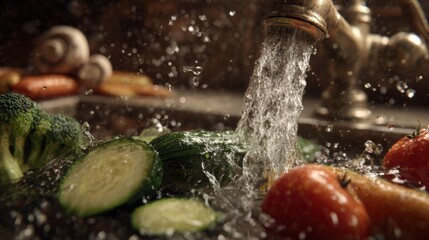 Fresh Vegetables and Fruits Under Running Water in Kitchen Sink with Splashing Water and Natural Elements