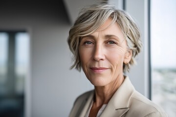 Senior female executive standing by a window with a composed expression. Professional portrait for corporate leadership and healthcare consulting branding.