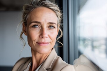 Confident senior woman near office window looking into the camera. Professional portrait for leadership branding and business consulting services.