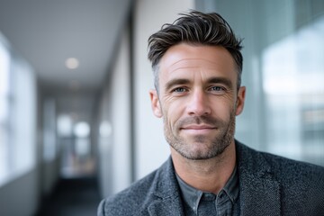 Naklejka premium Focused modern male technology executive in cool gray jacket, standing in minimalist office hallway, B2B services and tech branding