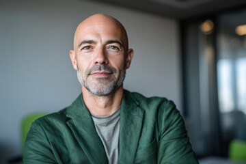 Portrait of confident middle aged business consultant in green blazer, arms crossed, smiling inside modern office