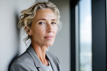 Thoughtful senior confident female executive leaning by window in a modern office. Commercial portrait for leadership roles, B2B consulting, and healthcare branding.