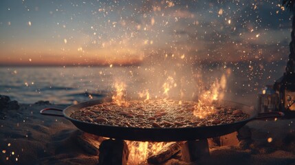 Vibrant Paella Dish Cooking Over Open Flame at Sunset Near the Beach with Sparkling Embers and Ocean Waves