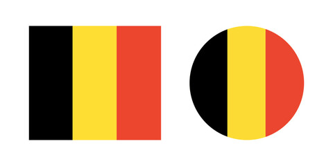 Flag of Belgium. National Belgian round, rectangular flag badges. Circular Belgian Flag icons. Button, banner, sign in circle, rectangle shapes.