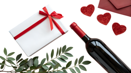 Gift, wine, hearts, envelope, and leaves. Isolated transparent PNG