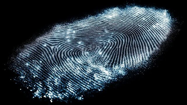glowing biometric fingerprint pattern floating in dark digital space