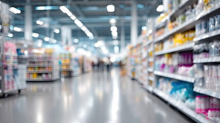 Fototapeta premium Abstract blurred background of supermarket shelves filled with various goods in a retail space, suitable for design and promotional use