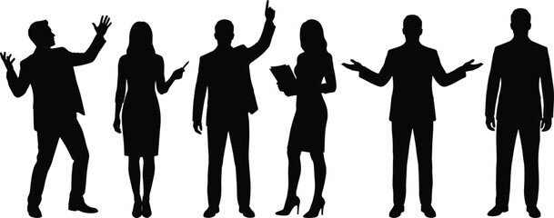 Business pose silhouette set, professional gestures, male and female figures, black vector, isolated, stock illustration, corporate expression