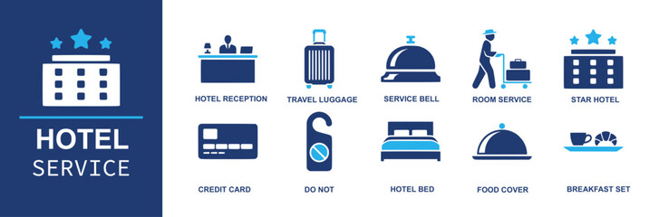 Hotel service icon set. Containing hotel reception, travel luggage, service bell, room service, star hotel, credit card, do not, hotel bed, food cover, breakfast set and more. Solid vector icons