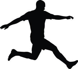 Silhouette of soccer player in mid air kicking motion isolated on white background for football sport action design concepts