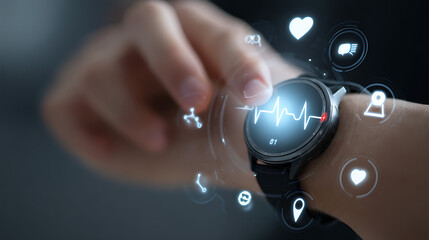 Person wearing smartwatch displaying heart rate and health icons wrist technology