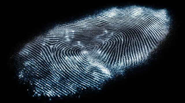 glowing biometric fingerprint pattern floating in dark digital space