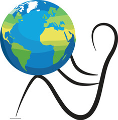 Minimalist stick figure character holding Earth globe isolated on white background, environmental conservation and global ecology protection concept vector illustration design