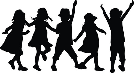 Obraz premium Happy children silhouettes jumping and dancing together isolated on white background playful kids celebration movement vector illustration design