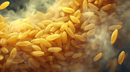 Golden grains of rice floating in the air with a misty background creating a captivating and dynamic food scene