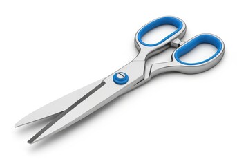 Obraz premium Modern stainless steel cutting implement featuring ergonomic blue finger loops rests on a clean white background