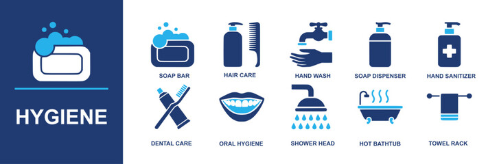 Hygiene icon set. Containing soap bar, hair care, hand wash, soap dispenser, hand sanitizer, dental care, oral hygiene, shower head, hot bathtub, towel rack and more. Solid vector icons