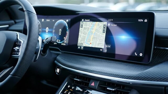 Modern car interior with a large screen display and navigation system