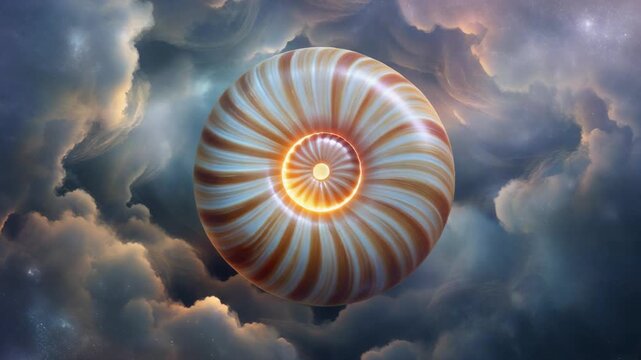 A glowing, striped spiral orb floats majestically amidst dramatic, swirling clouds in a mystical sky.