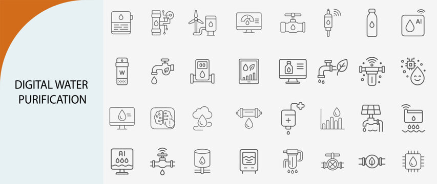 &ldquo;digital water purification icon set, minimal vector design for clean tech and smart monitoring&rdquo;