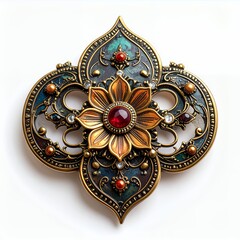 Intricate ornamental design with floral motif and jeweled accents on a white backdrop
