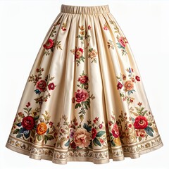 Vintage floral pattern skirt with soft pleats on white background in studio shot