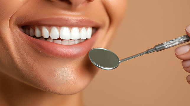 Close-up of smiling woman's mouth with perfect, straight white teet. Dentist's hand is holding small, round dental mirror for oral examination against neutral beige background