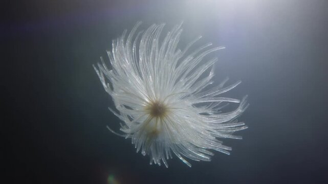 Delicate white feathery seed head floating in a dark, ethereal background with soft light.