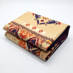 Ethnic textile folded with detailed geometric pattern on white backdrop