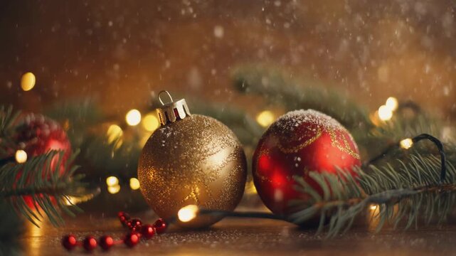Festive christmas background with red and gold baubles and fir tree branches. Holiday decoration border with glowing garland lights and falling snow on a rustic wooden surface
