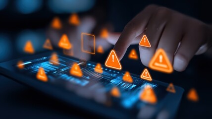 cybersecurity network forensics. Interactive touchscreen with warning symbols and a finger pointing, representing technology and alerts.