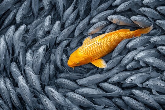 Golden carp fish standing out from a swirling school of grey fish