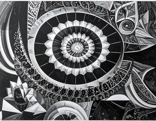 An elaborate grayscale composition featuring concentric circles and swirling geometric shapes. It conveys a sense of depth and intricate design