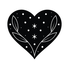Obraz premium Enchanting black heart illustration featuring delicate leafy branches and celestial stars, symbolizing heartfelt connections, natural grace, and cosmic allure