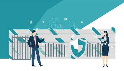 Obraz premium Two business professionals stand before a secure data center, symbolizing robust cybersecurity measures and digital information protection within a corporate network.