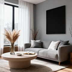 Modern living room with gray sofa and round coffee table