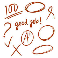 Teacher grading symbols, assessment feedback marks and education annotation set