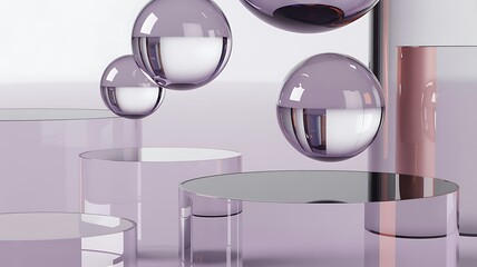 Elegant abstract composition with floating purple spheres and translucent geometric pedestals