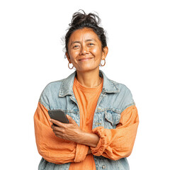 A smiling older woman with gray hair. wearing glasses. engaged in a phone conversation against a plain white background. radiating warmth and approach