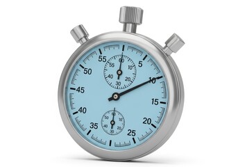 Precision timing device featuring a metallic casing and light blue dial is presented against a white background.