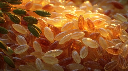 Glimmering Seed Pods Under Soft Light with Varied Hues of Amber and Gold Reflecting Natural Textures in an Organic Display