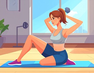 Animated female in athletic attire sits on mat, exercising with dumbbell in home environment. Sunny day, fitness
