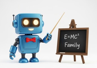 Charming blue robot wearing a bow tie gestures toward a chalkboard displaying a scientific equation and a personal concept