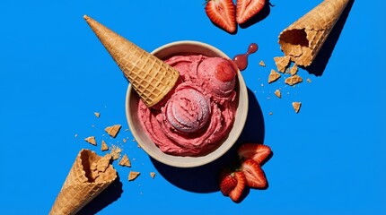 Pink strawberry ice cream scoops in bowl with upside down waffle cone on blue background