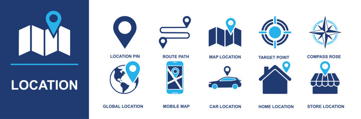 Location icon set. Containing location pin, route path, map location, target point, compass rose, global location, mobile map, car location, home location, store location and more. Solid vector icons