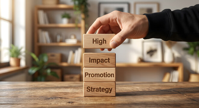 Business Strategy Concept with Wooden Blocks Showing High Impact Promotion and Strategy in Modern Office Setting - Powered by Adobe