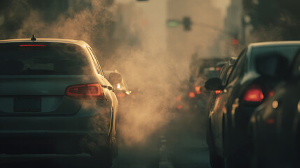 Silver car emitting exhaust fumes in traffic smoke