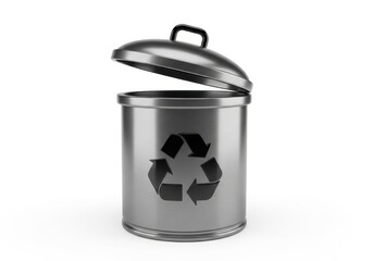 Metallic cylindrical container features universal symbol for material reclamation on white background