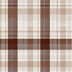 Classic brown plaid pattern texture. Woven fabric background with earthy tones.